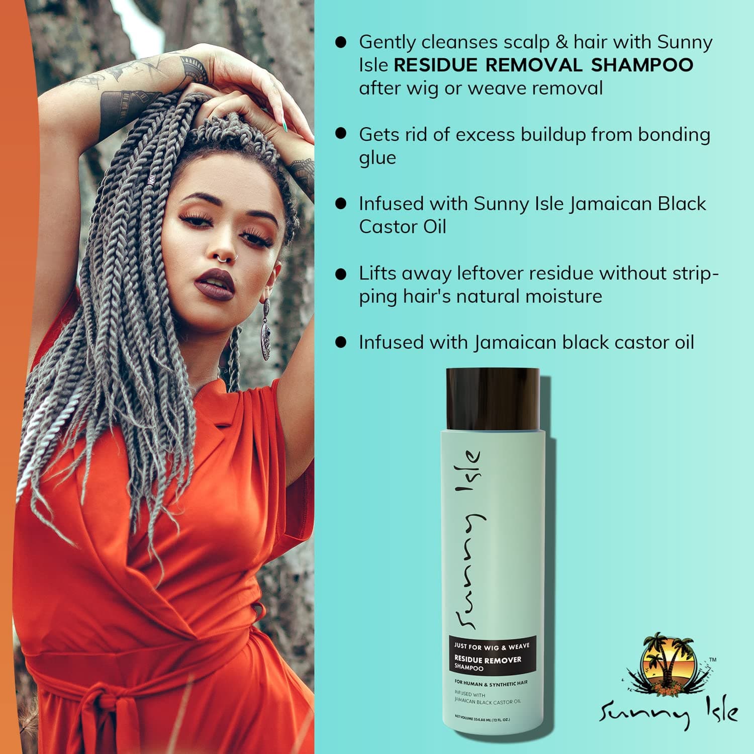 unny Isle Just for Wig, Weave, Braid, & Extensions Residue Remover Shampoo 12oz | For Synthetic & Natural Hair | Aloe Vera, Tea Tree, Borago Seed & Jamaican Black Castor Oils | Sulfate Free 2