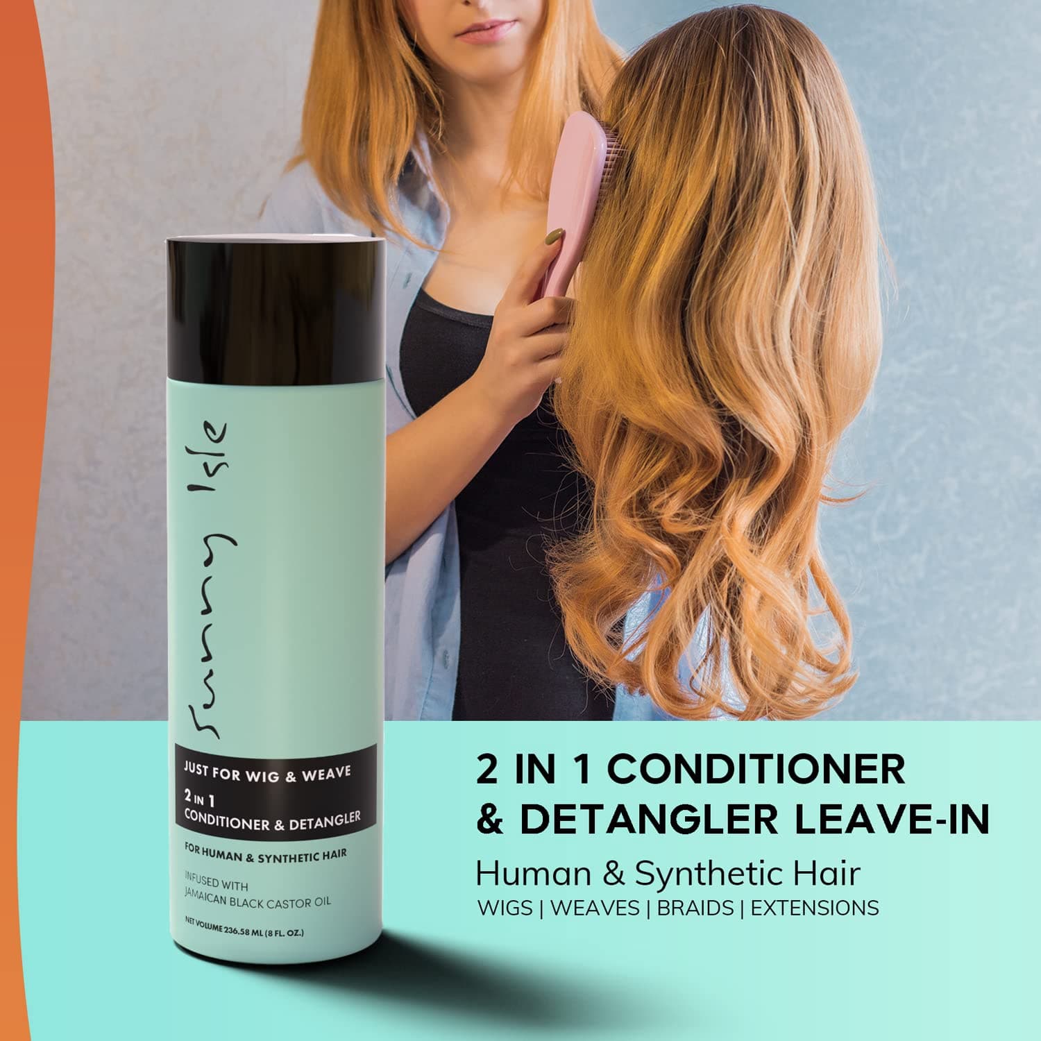Sunny Isle Just for Wig, Weave, Braid, & Extensions 2N1 Conditioner and Detangler 8oz | For Synthetic & Natural Hair | Aloe Vera, Tea Tree, Borago Seed & Jamaican Black Castor Oils | Sulfate Free 9.6o 2