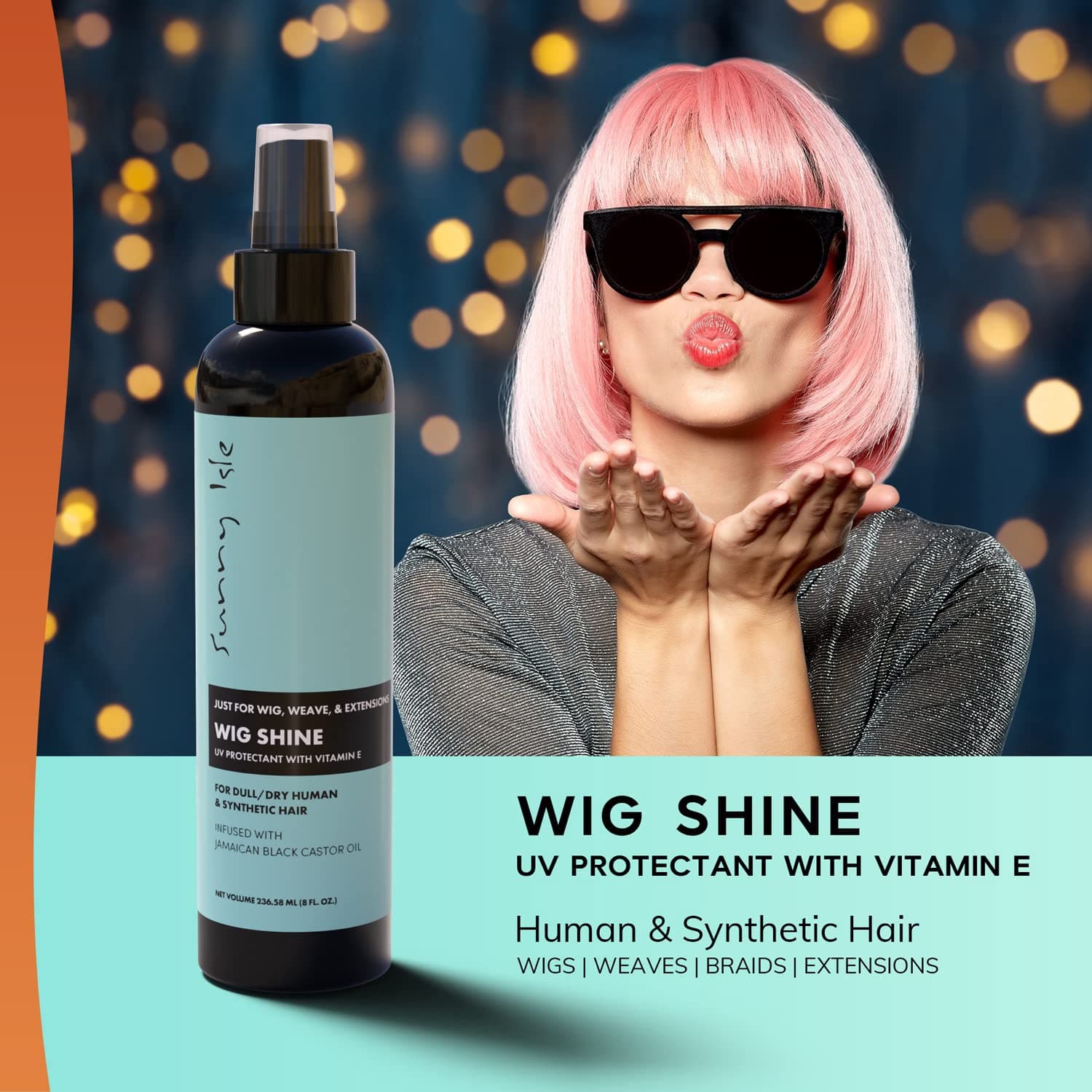 Sunny Isle Just for Wig, Weave, Braid, & Extensions Wig Shine 8oz | For Synthetic & Natural Hair | UV Protectant with Vitamin E, Jamaican Black Castor Oil | High Shine Finishing Spray 3