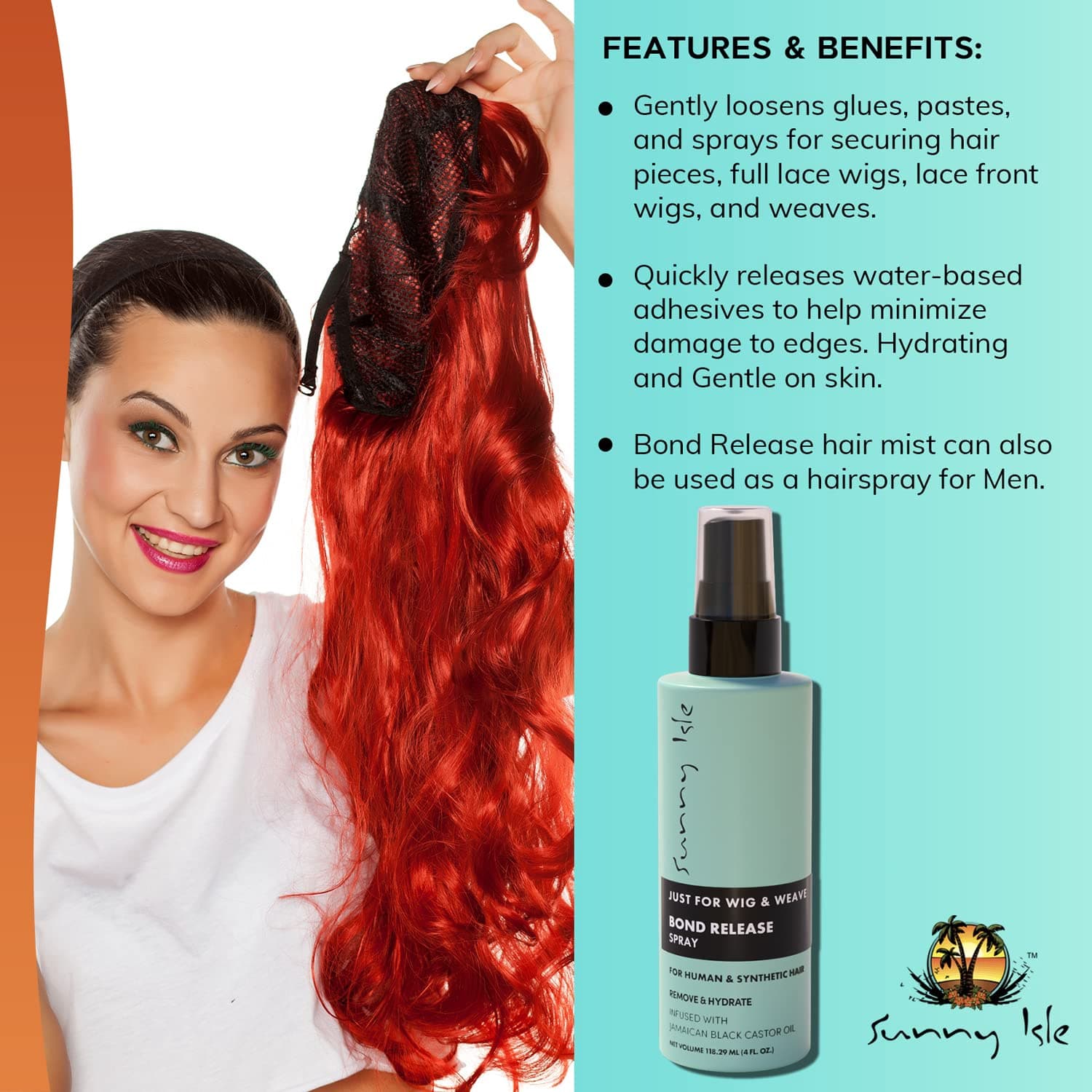 Sunny Isle Just for Wig, Weave, Braid, & Extensions Bond Release Spray 4oz | For Synthetic & Natural Hair | Aloe Vera, Tea Tree, Borago Seed & Jamaican Black Castor Oils | Alcohol-Free Hairspray 3
