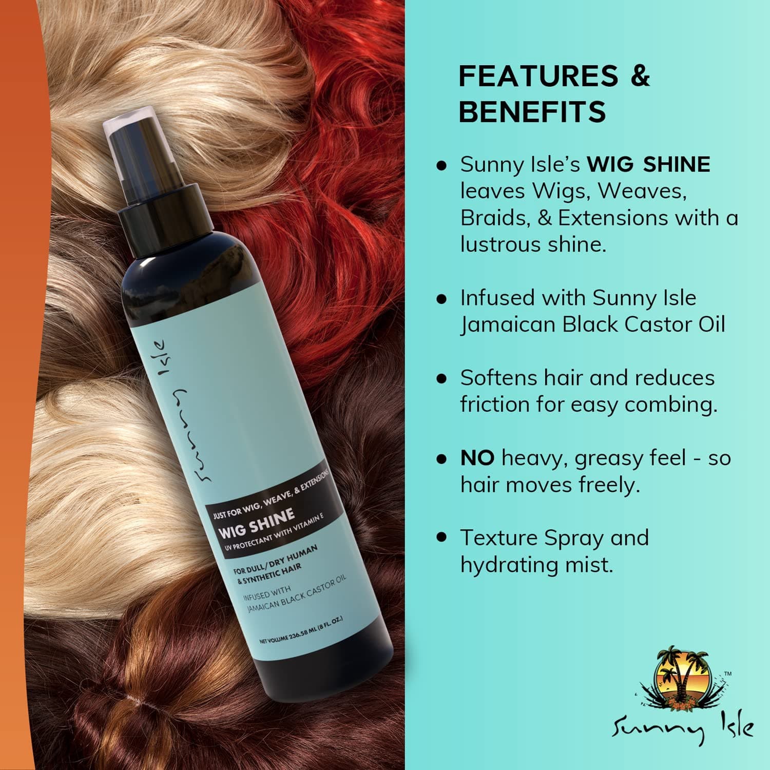 Sunny Isle Just for Wig, Weave, Braid, & Extensions Wig Shine 8oz | For Synthetic & Natural Hair | UV Protectant with Vitamin E, Jamaican Black Castor Oil | High Shine Finishing Spray 4