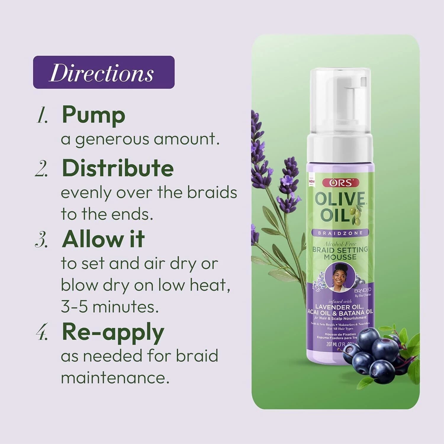 ORS OLIVE OIL BRAIDZONE LAVENDER OIL ACAI OIL & BATANA OIL BRAID SETTING MOUSSE 4