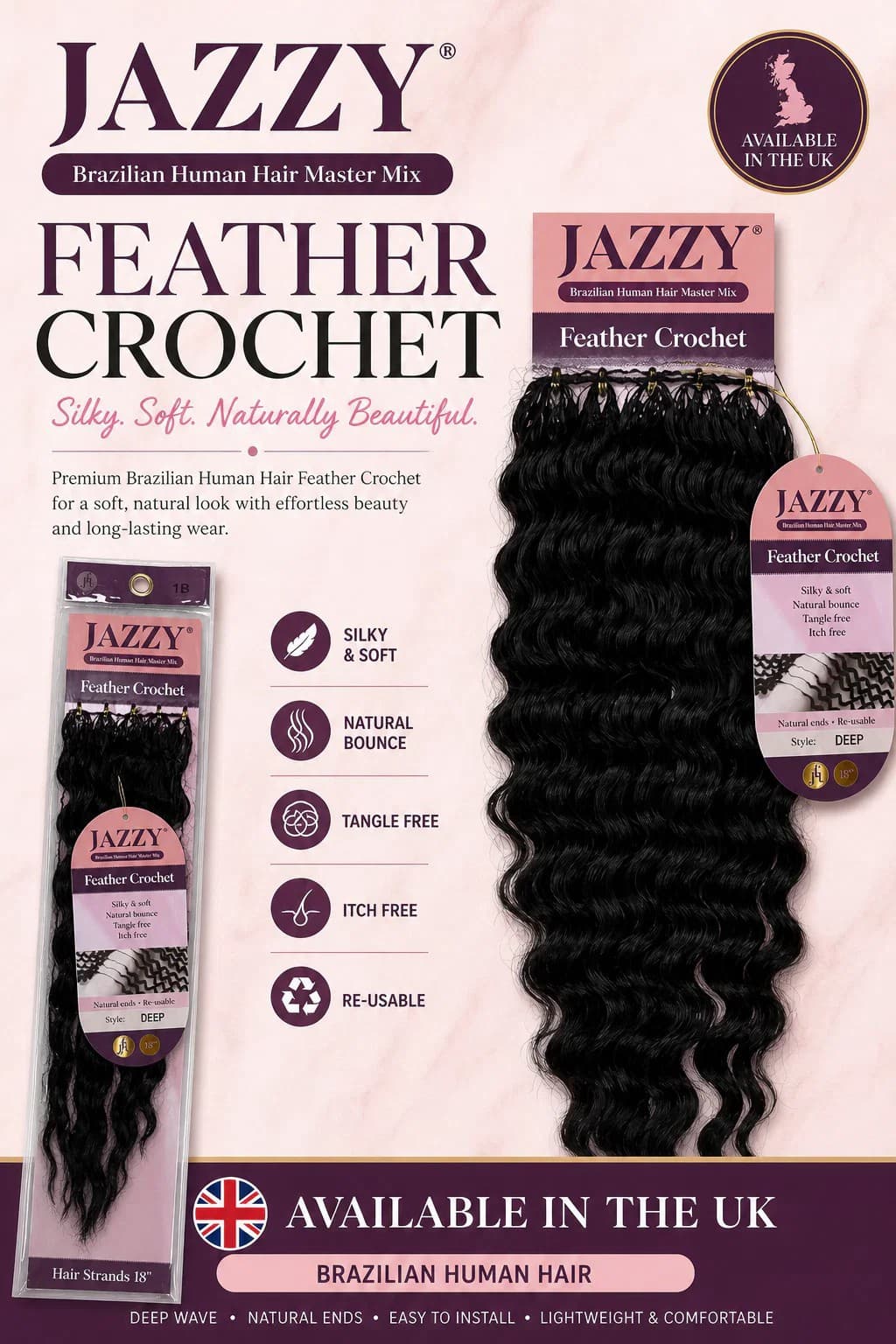 JAZZY FEATHER CROCHET HAIR  BRAZILIAN HUMAN HAIR BLENDED Crochet Deep Wave 18" 2
